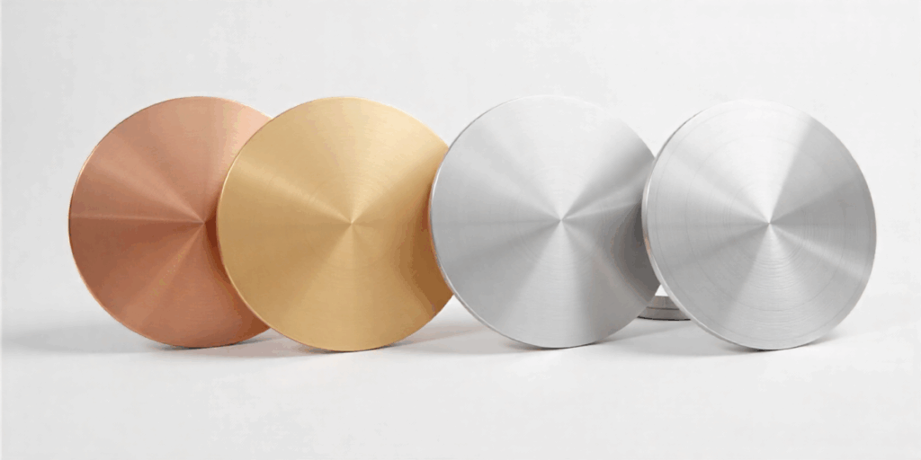 discs of copper, brass, nickel silver, and stainless steel
